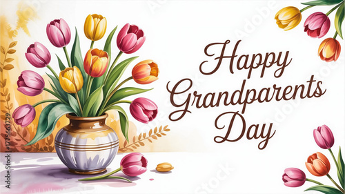Happy Grandparents Day Card with Flowers and Ladybirds