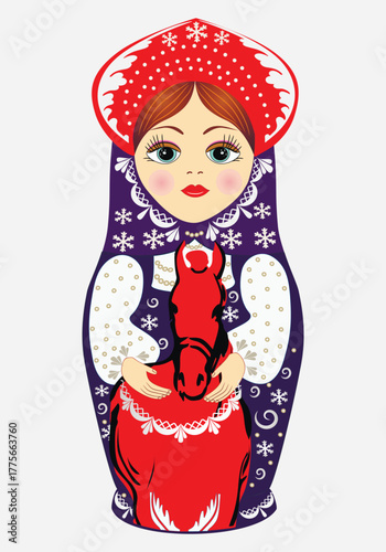 Russian nesting doll Snow Maiden with a red horse, symbol of the year 2026. Blue festive New Year's costume with snowflakes and patterns. Crown on her head. Vector 