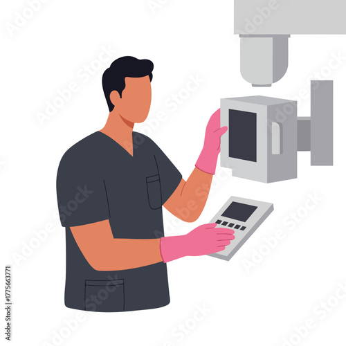 Medical Technician Operating Modern Hospital Radiology Machine