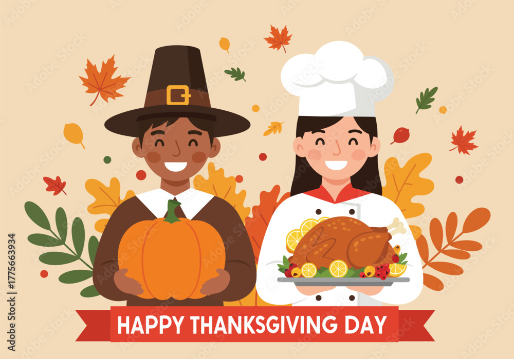 Naklejka premium Happy Thanksgiving Celebration Pilgrim and Chef with Turkey and Pumpkin