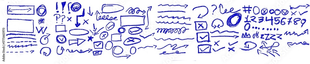 © tanmoy - Hand drawn blue highlights, underlines and emphasis crayon elements. Blue pen check marks, ovals and school notebook vector shapes for hand drawn notes. Checkered paper sheet.