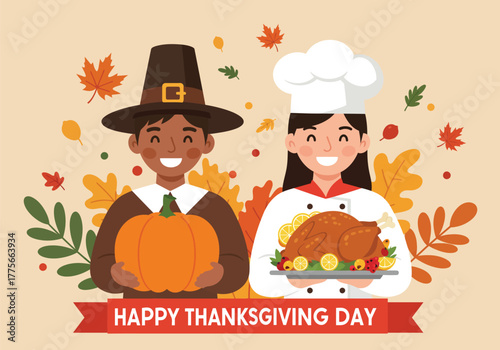 Happy Thanksgiving Celebration Pilgrim and Chef with Turkey and Pumpkin