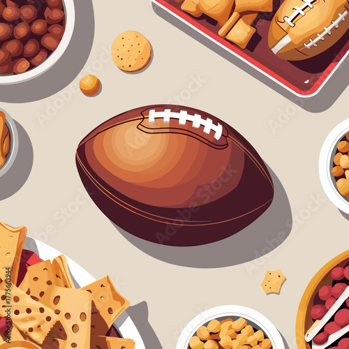 American football with assorted Super Bowl snacks flat lay