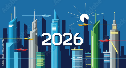 Futuristic Cityscape of 2026 with Flying Cars and Modern Architecture