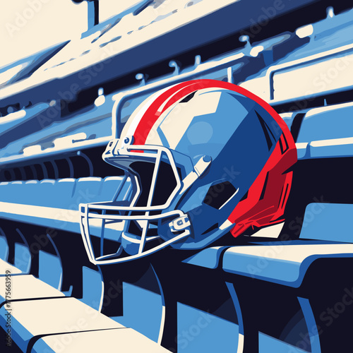 American football helmet resting in empty stadium for Super Bowl