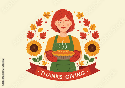 Happy Woman Baker Holding Fresh Thanksgiving Pie Autumn Holiday