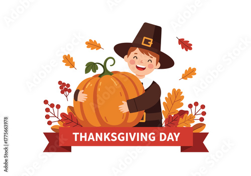 Happy Pilgrim Boy Hugging Giant Pumpkin Thanksgiving Holiday Celebration