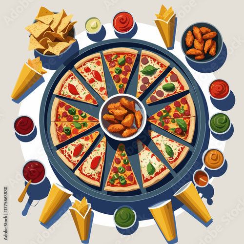 Super Bowl pizza and wings platter with dips and chips top view