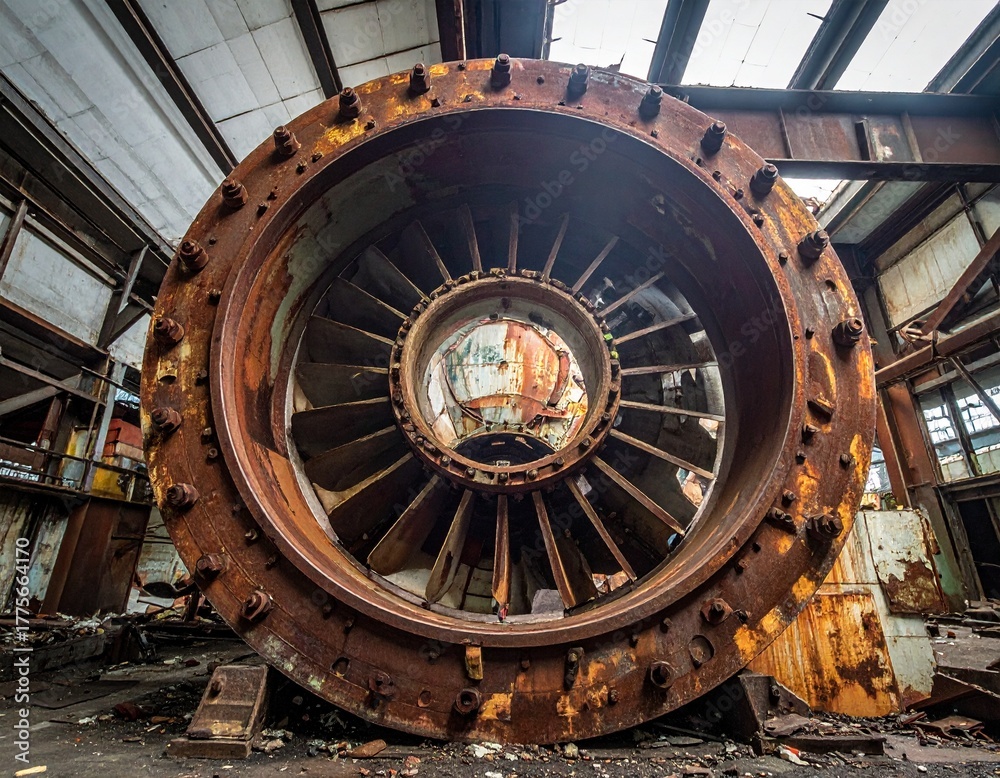Obraz premium Power Generator Turbine With Rusted Bolts and Chipped Enamel