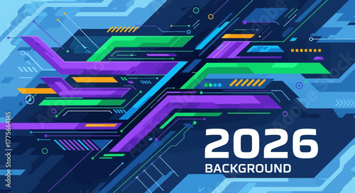 Abstract futuristic technology banner with vibrant geometric shapes and digital circuit board patterns