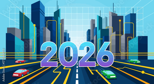 Dynamic urban landscape of the year 2026, showcasing a vision of smart city infrastructure, interconnected transportation, and advanced digital integration for future progress and innovation