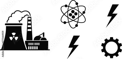 Black and white nuclear power plant illustration with radiation symbol, atomic energy icon, electricity lightning bolts, industrial gear machinery technology concept