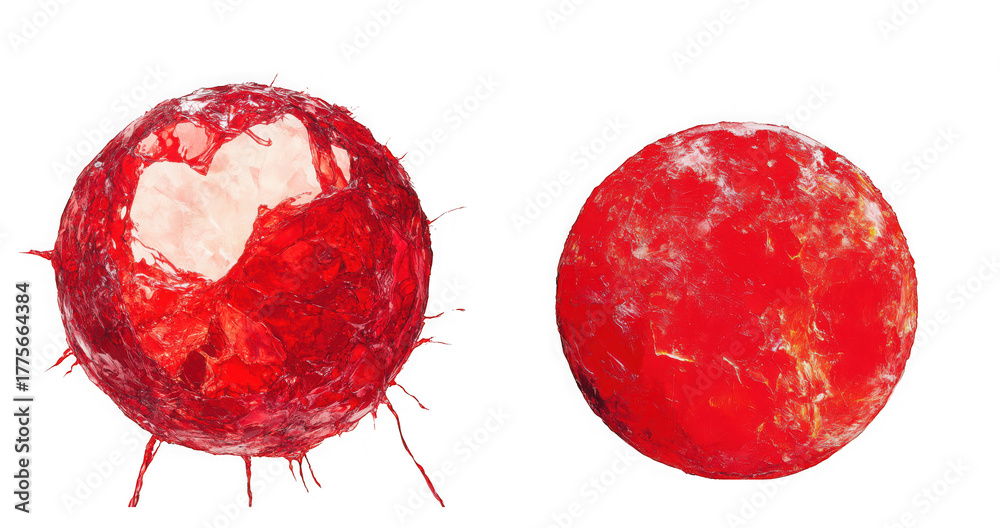 Fototapeta premium Two red abstract spheres, one with a heart shape, isolated on transparent background