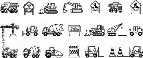 Construction icons set, dump truck, bulldozer, excavator, cement mixer, crane, forklift, road roller, traffic cones, barricade, roadwork signs, vector illustration
