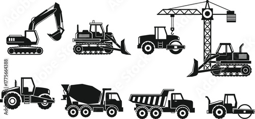 Construction vehicles silhouettes, heavy machinery icons, excavator bulldozer roller crane cement mixer dump truck vector illustration set for industry design