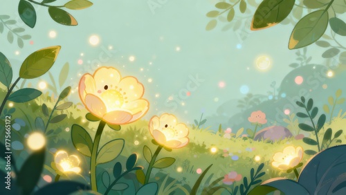 Enchanted garden scene features glowing blossoms amidst lush green foliage under a soft, bright sky