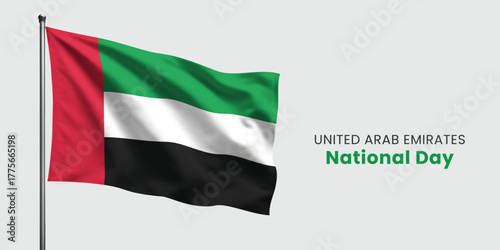 United arab emirates flag waving on a pole with national day text on the right side of the image
