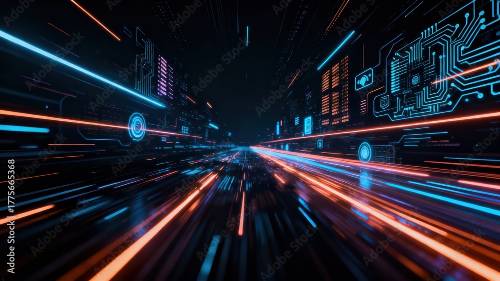 Obraz premium Abstract digital environment illustrates high speed data transmission through futuristic infrastructure