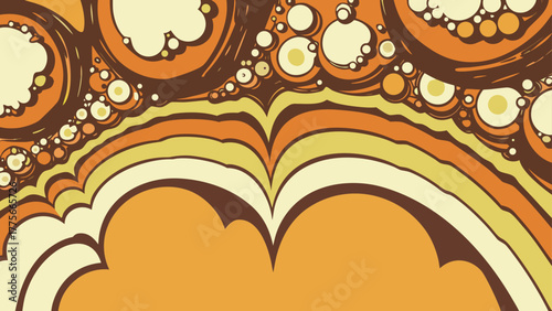 Abstract retro design featuring swirling shapes, bubbles, and layered curves in warm tones.