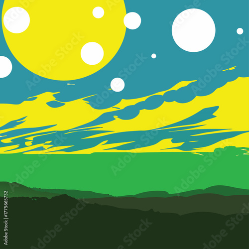 Abstract landscape with large yellow sun, white planets or moons, and green hills under a blue sky.