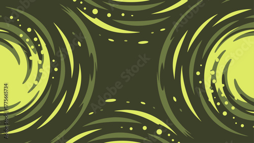 Abstract illustration featuring swirling shapes and dots in shades of green and yellow, creating a dynamic pattern.