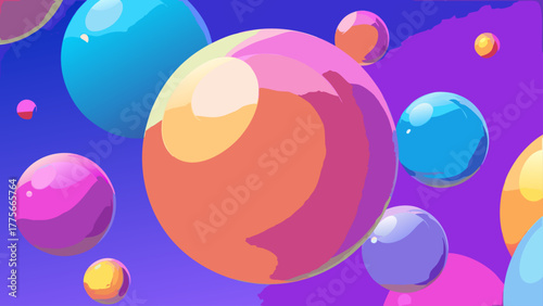 Colorful spheres of varying sizes float against a vibrant purple and blue background, creating a playful and abstract composition.