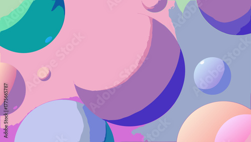 Abstract digital illustration with various sized colorful spheres and circles on a pastel background.