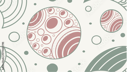 Abstract pattern featuring circular shapes, lines, and various sizes, in a repeating design.