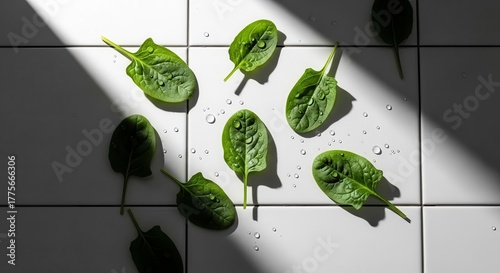Fresh Spinach Leaves with Water Droplets on White Tiled Surface with Striking Sunlight