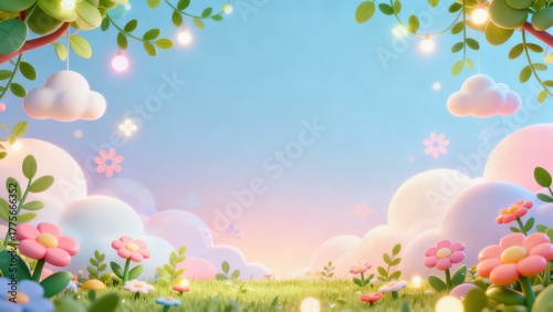 Whimsical, stylized garden scene features soft pastel colors under a bright sky