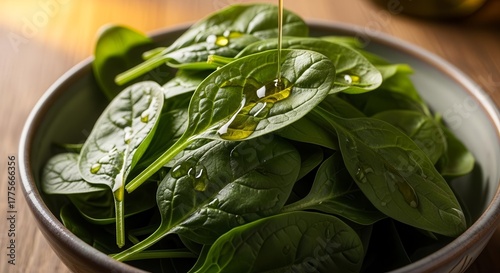 Fresh Spinach Salad Being Drizzled with Golden Olive Oil in a Rustic Bowl Presentation