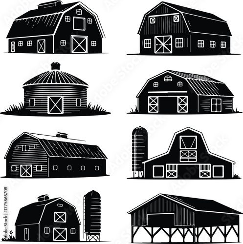 Farm Barn Icon Set – Rustic Agriculture Building Silhouette Collection Vintage Farm Barn Icons – Countryside Agriculture Vector Set