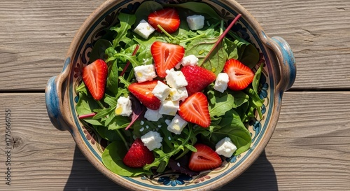 Fresh Strawberry And Feta Salad In Decorated Bowl On Rustic Wooden Surface