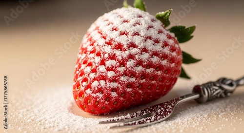 Fresh Strawberry Covered In Icing Sugar With Detailed Fork Placed Elegantly