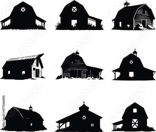Farm Barn Icon Set – Rustic Agriculture Building Silhouette Collection Vintage Farm Barn Icons – Countryside Agriculture Vector Set
