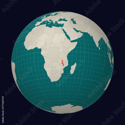 Malawi on the map. Globe centered to Malawi. Country location on the world map. Teal Pale Mint color palette. Globe with countries, meridians and parallels. Appealing vector illustration.