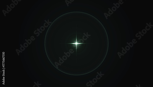 Green starburst lens flare with circular halo on black background; glowing cross light, minimal futuristic abstract backdrop