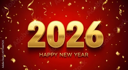 Photography Golden 2026 happy new year text with falling confetti and streamers on a red bac