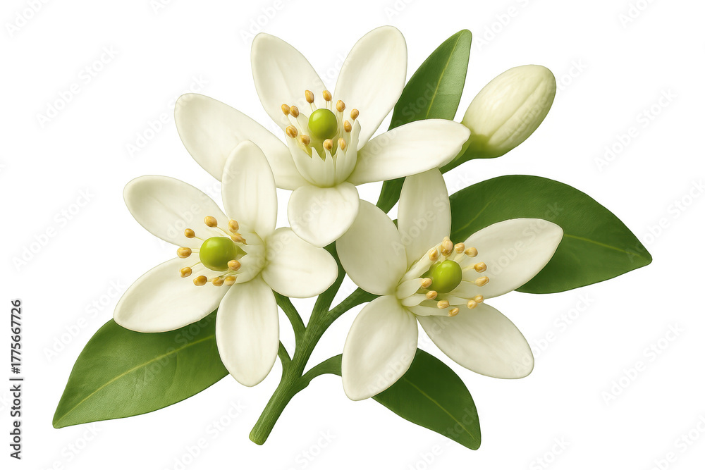 Obraz premium Orange blossom branch showing white citrus flowers, green leaves, and unopened bud on transparent background
