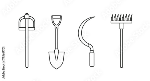 Simple line drawing illustration of various gardening tools arranged in a row