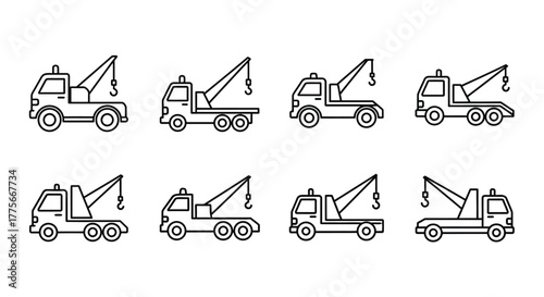 Line art depictions of various tow truck styles and perspectives