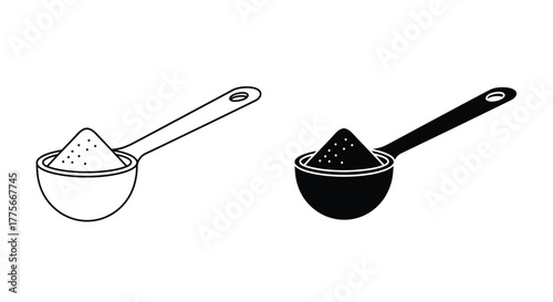 Two spoons filled with granules one white and one black sketch