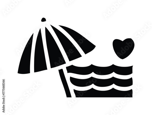 Illustration of an umbrella on a beach with waves and a heart in a simple black and white design