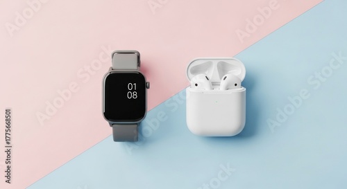 Modern technology flat lay featuring a smartwatch and wireless earbuds on pastel backdrop