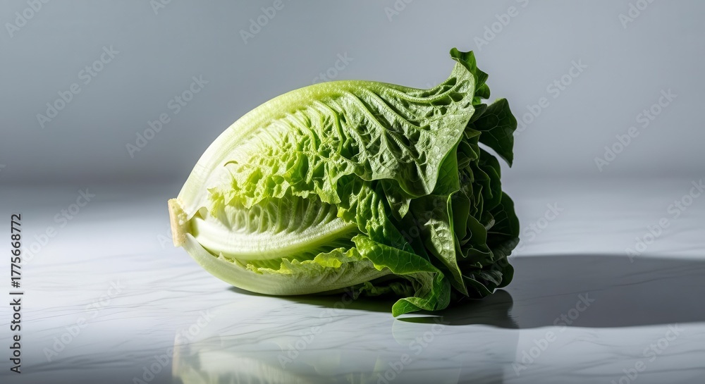 Obraz premium Fresh Romaine Lettuce Head on White Surface with Dramatic Lighting and Defined Shadows