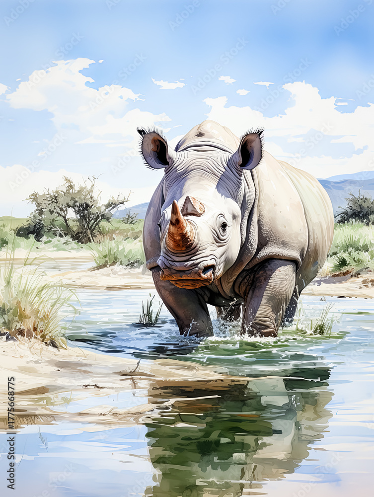 Obraz premium A large rhinoceros walks through shallow water in a savanna landscape under a blue sky.