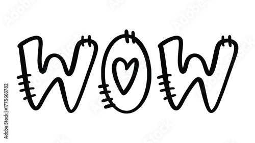 Black and white doodle style, wow text with heart shape in the center, letter o design element illustration