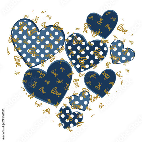 Navy blue heart pattern with polka dots and gold love text for valentine t-shirt design