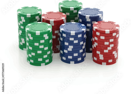 Stacks of colorful poker chips isolated on white background, featuring green, red, and blue chips, arranged in neat piles for casino games and gambling