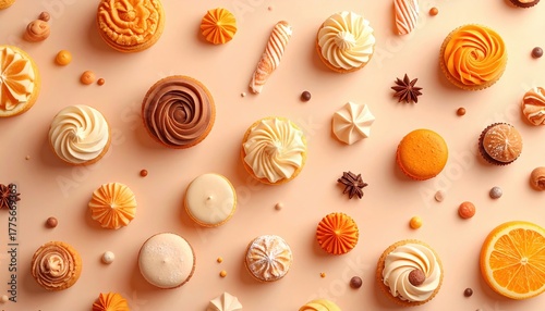 Assorted orange and cream pastries on peach background